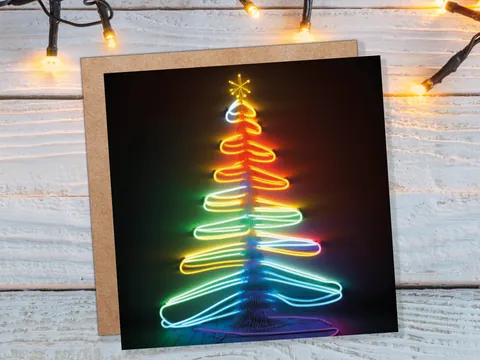 Neon Christmas Card Glowing Tree Lights Tube Lighting Y2K 80s Bright Colours Colourful Colours Unique Fun Cards For Family Friends Xmas 2026 - View 2