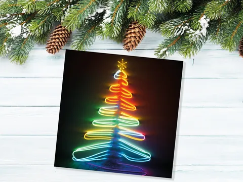 Neon Christmas Card Glowing Tree Lights Tube Lighting Y2K 80s Bright Colours Colourful Colours Unique Fun Cards For Family Friends Xmas 2026 - View 6
