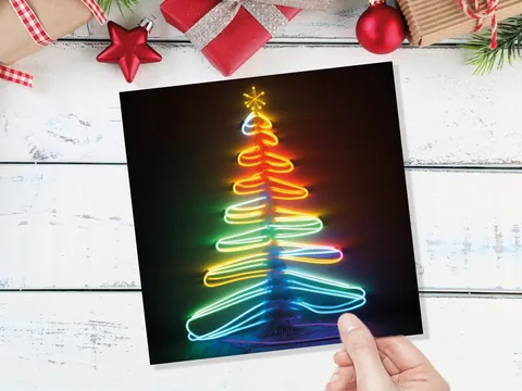Neon Christmas Card Glowing Tree Lights Tube Lighting Y2K 80s Bright Colours Colourful Colours Unique Fun Cards For Family Friends Xmas 2026 - View 10
