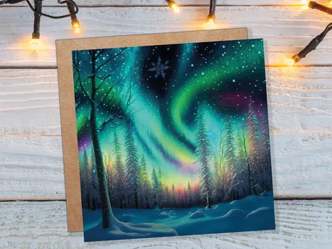 Northern Lights Christmas Cards Beautiful Winter Snow Scene Snowy Scenery Green Aurora Borealis Xmas Cards For Family Friends 2026 Holidays - View 3