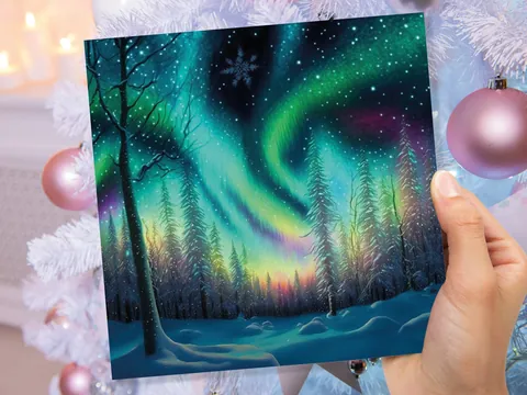 Northern Lights Christmas Cards Beautiful Winter Snow Scene Snowy Scenery Green Aurora Borealis Xmas Cards For Family Friends 2026 Holidays - View 8