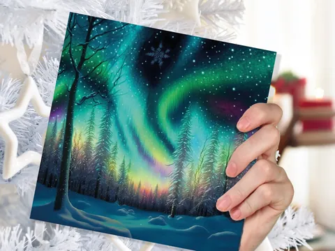 Northern Lights Christmas Cards Beautiful Winter Snow Scene Snowy Scenery Green Aurora Borealis Xmas Cards For Family Friends 2026 Holidays - View 7