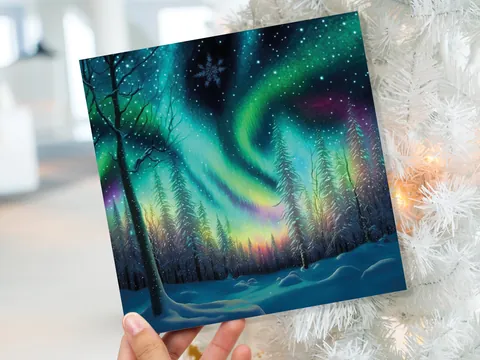 Northern Lights Christmas Cards Beautiful Winter Snow Scene Snowy Scenery Green Aurora Borealis Xmas Cards For Family Friends 2026 Holidays