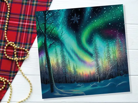 Northern Lights Christmas Cards Beautiful Winter Snow Scene Snowy Scenery Green Aurora Borealis Xmas Cards For Family Friends 2026 Holidays - View 6