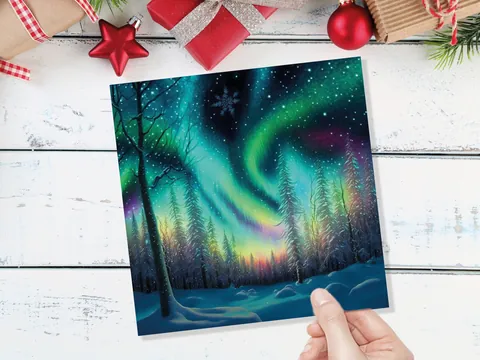 Northern Lights Christmas Cards Beautiful Winter Snow Scene Snowy Scenery Green Aurora Borealis Xmas Cards For Family Friends 2026 Holidays - View 9