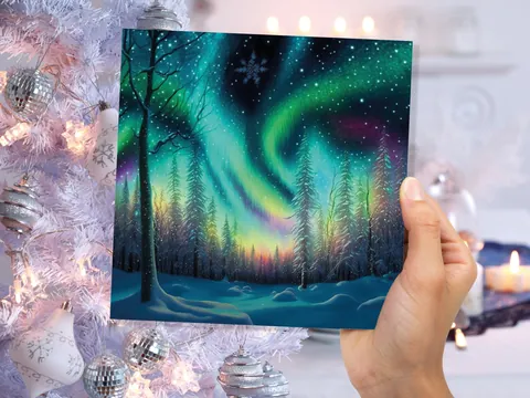 Northern Lights Christmas Cards Beautiful Winter Snow Scene Snowy Scenery Green Aurora Borealis Xmas Cards For Family Friends 2026 Holidays - View 4