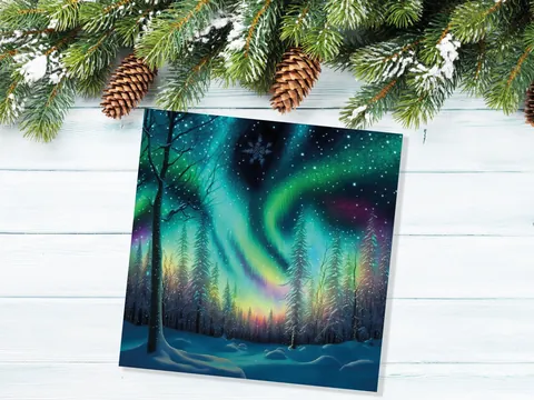 Northern Lights Christmas Cards Beautiful Winter Snow Scene Snowy Scenery Green Aurora Borealis Xmas Cards For Family Friends 2026 Holidays - View 5