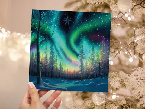 Northern Lights Christmas Cards Beautiful Winter Snow Scene Snowy Scenery Green Aurora Borealis Xmas Cards For Family Friends 2026 Holidays - View 2