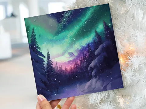 Northern Lights Christmas Card – Pink Forest
