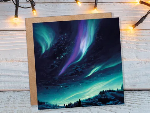 Northern Lights Christmas Card – Teal Sky