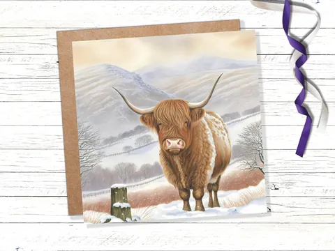 Highland Cow Winter Card – Mountain Fence - View 4