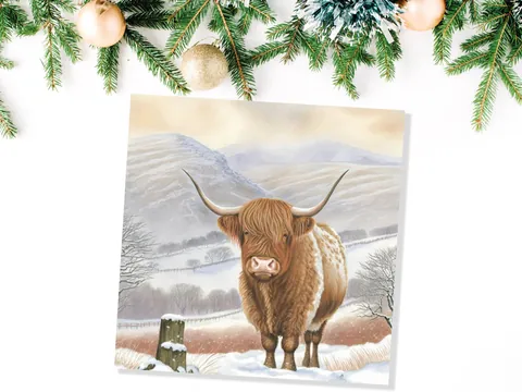 Highland Cow Winter Card – Mountain Fence - View 8
