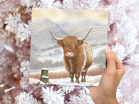 Highland Cow Winter Card – Mountain Fence - View 5