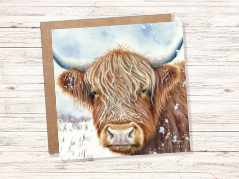 Highland Cow Winter Card – Close-Up