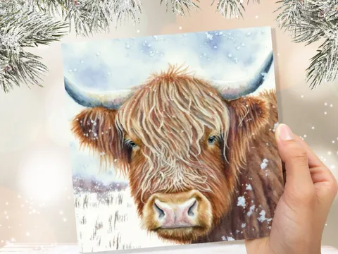 Highland Cow Winter Card – Close-Up - View 3