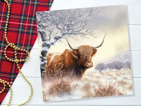 Highland Cow Winter Card – Snowy Tree