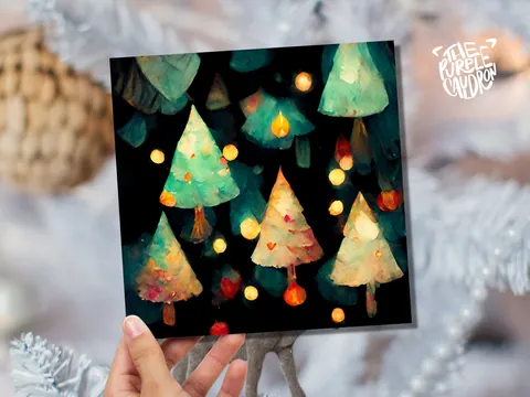 Abstract Christmas Card with Trees and Fairy Lights Magical Pattern Pretty Unique Whimsical Dark Green Greetings Family Friends Xmas 2026