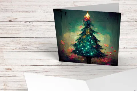 Pretty Christmas Card with Magical Tree and Fairy Lights Painting Unique Whimsical Teal Green Pink Greetings For Family Friends Xmas 2026 - View 4