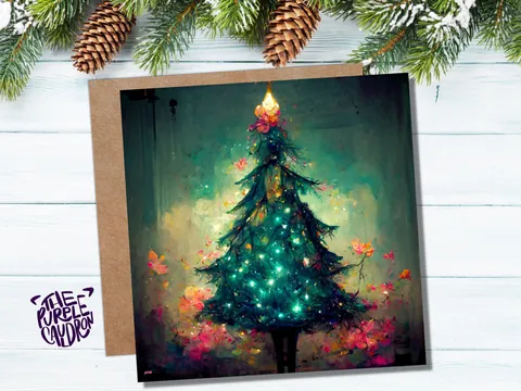 Pretty Christmas Card with Magical Tree and Fairy Lights Painting Unique Whimsical Teal Green Pink Greetings For Family Friends Xmas 2026