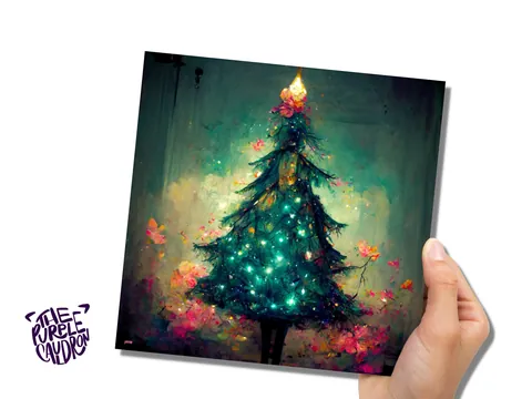 Pretty Christmas Card with Magical Tree and Fairy Lights Painting Unique Whimsical Teal Green Pink Greetings For Family Friends Xmas 2026 - View 5