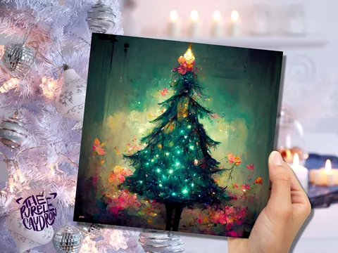 Pretty Christmas Card with Magical Tree and Fairy Lights Painting Unique Whimsical Teal Green Pink Greetings For Family Friends Xmas 2026 - View 3