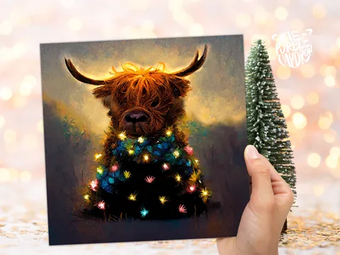 Highland Cow Christmas Card with Fairy Lights Funny Decorated Tree Scotland Painting Unique Whimsical Greetings For Family Friends Xmas 2026 - View 3