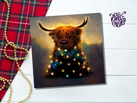 Highland Cow Christmas Card with Fairy Lights Funny Decorated Tree Scotland Painting Unique Whimsical Greetings For Family Friends Xmas 2026