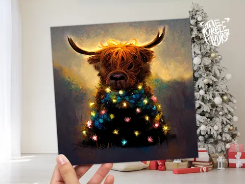 Highland Cow Christmas Card with Fairy Lights Funny Decorated Tree Scotland Painting Unique Whimsical Greetings For Family Friends Xmas 2026 - View 7