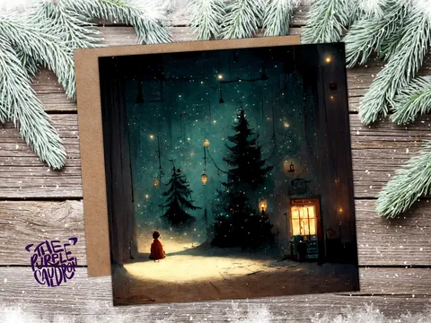 Snowy Winter Night Christmas Card with Warm Lights Snow Teal Blue Green Painting Unique Whimsical Greetings For Family Friends Xmas 2026