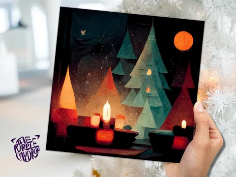 Abstract Christmas Trees Card with Warm Candle Lights Red Green Painting Unique Whimsical Forest Warm Greetings For Family Friends Xmas 2026