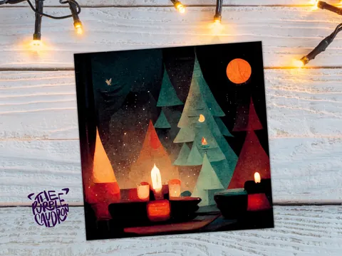Abstract Christmas Trees Card with Warm Candle Lights Red Green Painting Unique Whimsical Forest Warm Greetings For Family Friends Xmas 2026 - View 3