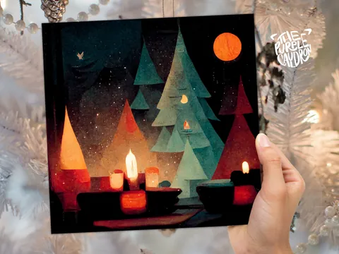 Abstract Christmas Trees Card with Warm Candle Lights Red Green Painting Unique Whimsical Forest Warm Greetings For Family Friends Xmas 2026 - View 7
