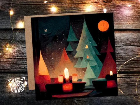 Abstract Christmas Trees Card with Warm Candle Lights Red Green Painting Unique Whimsical Forest Warm Greetings For Family Friends Xmas 2026 - View 6
