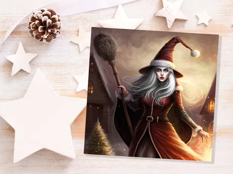Female Santa Witch Christmas Card La Befana Witchy Fantasy Gothic Goth Pagan Pointy Hat Fairytale Feminine Feminism Family Friends Xmas 2026 - View 3