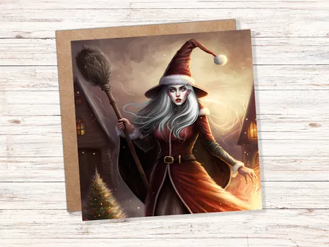 Female Santa Witch Christmas Card La Befana Witchy Fantasy Gothic Goth Pagan Pointy Hat Fairytale Feminine Feminism Family Friends Xmas 2026 - View 2