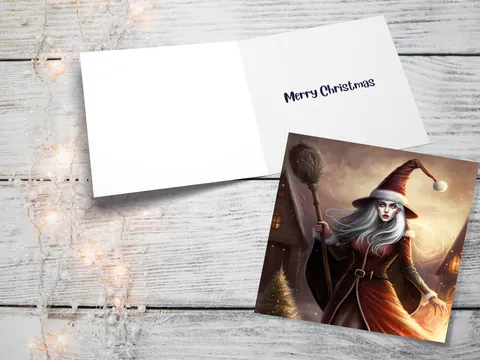 Female Santa Witch Christmas Card La Befana Witchy Fantasy Gothic Goth Pagan Pointy Hat Fairytale Feminine Feminism Family Friends Xmas 2026 - View 4