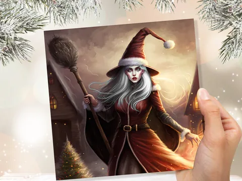 Female Santa Witch Christmas Card La Befana Witchy Fantasy Gothic Goth Pagan Pointy Hat Fairytale Feminine Feminism Family Friends Xmas 2026