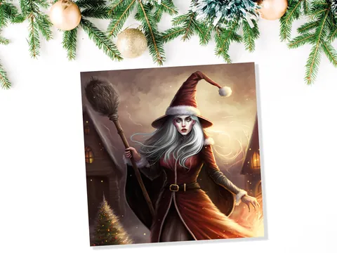 Female Santa Witch Christmas Card La Befana Witchy Fantasy Gothic Goth Pagan Pointy Hat Fairytale Feminine Feminism Family Friends Xmas 2026 - View 7