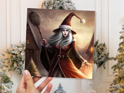 Female Santa Witch Christmas Card La Befana Witchy Fantasy Gothic Goth Pagan Pointy Hat Fairytale Feminine Feminism Family Friends Xmas 2026 - View 10