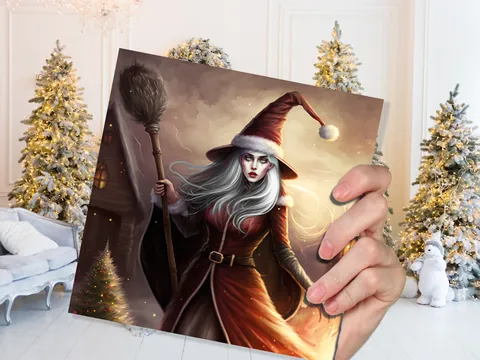 Female Santa Witch Christmas Card La Befana Witchy Fantasy Gothic Goth Pagan Pointy Hat Fairytale Feminine Feminism Family Friends Xmas 2026 - View 8