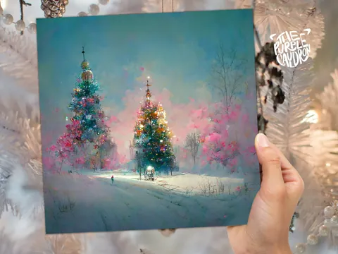 Pastel Christmas Card Pretty Snow Scene in Shades of Pink and Blue with Christmas Trees Impressionist Greetings Family Friends Xmas 2026 - View 4