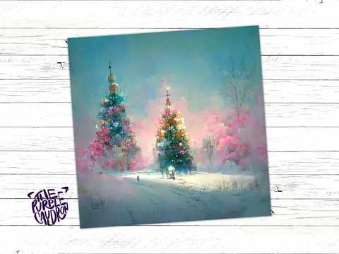 Pastel Christmas Card Pretty Snow Scene in Shades of Pink and Blue with Christmas Trees Impressionist Greetings Family Friends Xmas 2026
