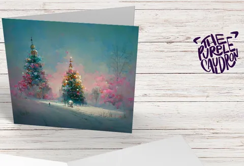 Pastel Christmas Card Pretty Snow Scene in Shades of Pink and Blue with Christmas Trees Impressionist Greetings Family Friends Xmas 2026 - View 3