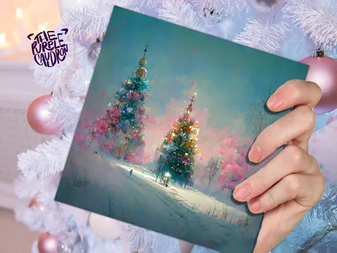 Pastel Christmas Card Pretty Snow Scene in Shades of Pink and Blue with Christmas Trees Impressionist Greetings Family Friends Xmas 2026 - View 7