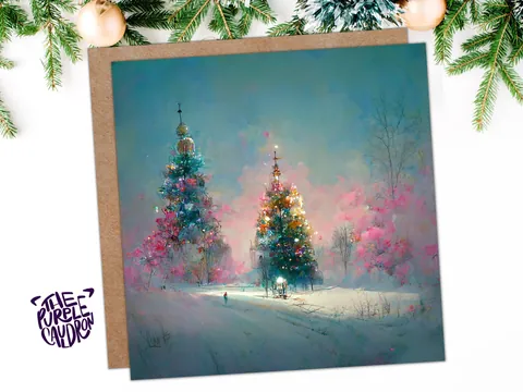 Pastel Christmas Card Pretty Snow Scene in Shades of Pink and Blue with Christmas Trees Impressionist Greetings Family Friends Xmas 2026 - View 6