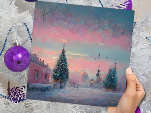 Pastel Christmas Card Soft Whimsical Impressionist Snow Scene in Shades of Pink & Blue 1, 5, or 10 Pack Greetings Family Friends Xmas 2026 - View 4
