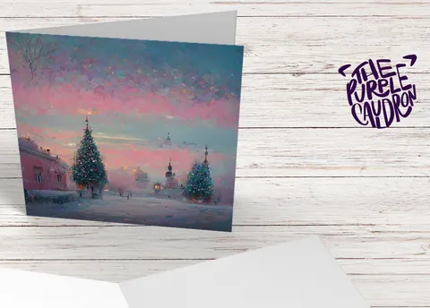 Pastel Christmas Card Soft Whimsical Impressionist Snow Scene in Shades of Pink & Blue 1, 5, or 10 Pack Greetings Family Friends Xmas 2026 - View 3