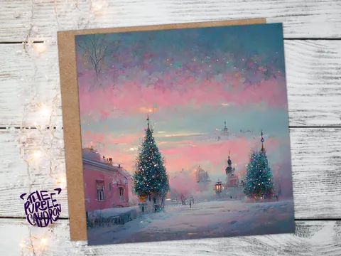 Pastel Christmas Card Soft Whimsical Impressionist Snow Scene in Shades of Pink & Blue 1, 5, or 10 Pack Greetings Family Friends Xmas 2026 - View 2