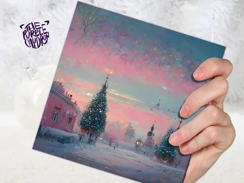 Pastel Christmas Card Soft Whimsical Impressionist Snow Scene in Shades of Pink & Blue 1, 5, or 10 Pack Greetings Family Friends Xmas 2026