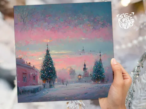 Pastel Christmas Card Soft Whimsical Impressionist Snow Scene in Shades of Pink & Blue 1, 5, or 10 Pack Greetings Family Friends Xmas 2026 - View 7